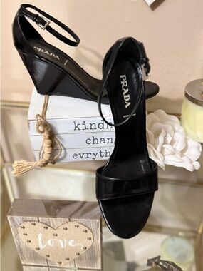 Prada Black Patent Wedge Sandals with Ankle Strap and Open Toe